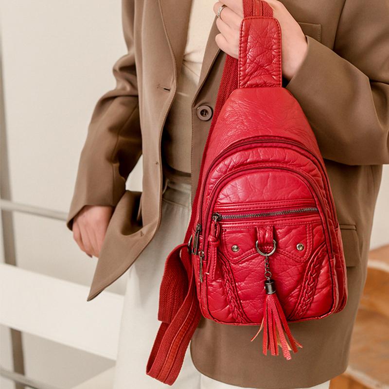 Retro Chest Bag for Women Soft Leather Crossbody Bag Casual Waist Bag Travel Shoudler Bag Sport Anti-theft Pack