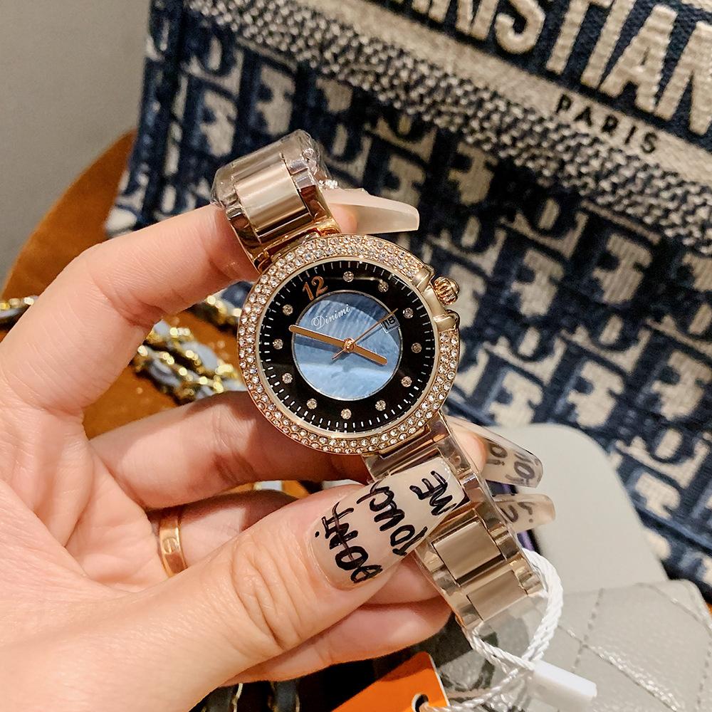 

Новый стиль горный хрусталь мода темперамент легкие роскошные кварцевые часы простые пригородные женские часы со стальным ремешком с календарем