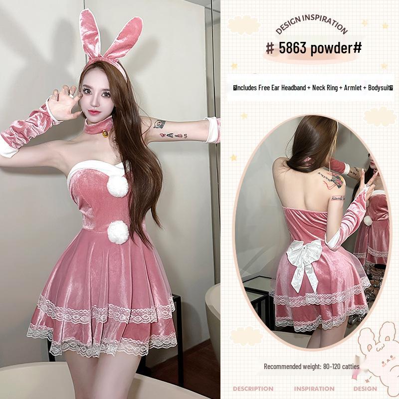 Velvet Strapless Bunny Girl Christmas Costume Set with Sleevelets