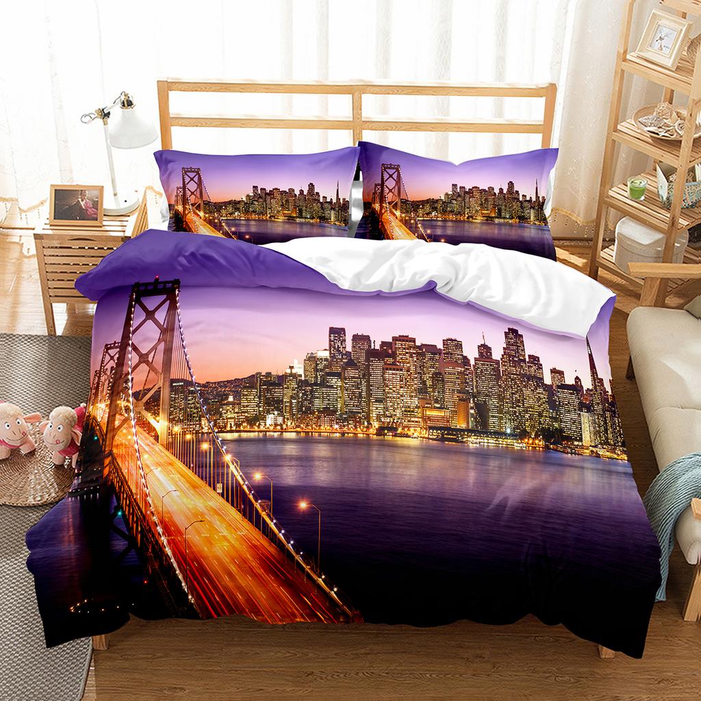 Cityscapes King Queen Duvet Cover Tall Buildings Landscape Bedding Set Busy Traffic View Quilt Cover Polyester Comforter Cover