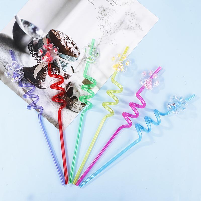 6Pcs Dog Paw Straws Birthday Party Supplies Reusable Drinking Straw Party Favors Sequin Quicksand Dog Paw Straws For Kids Party