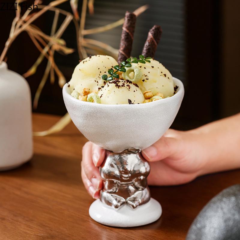 BR190mlCeramic Ice Cream Cup Heart-shaped Dessert Bowl Creative Frosted Relief Rabbit High Footed Cup Cute Rabbit Fruit Salad BowlEY