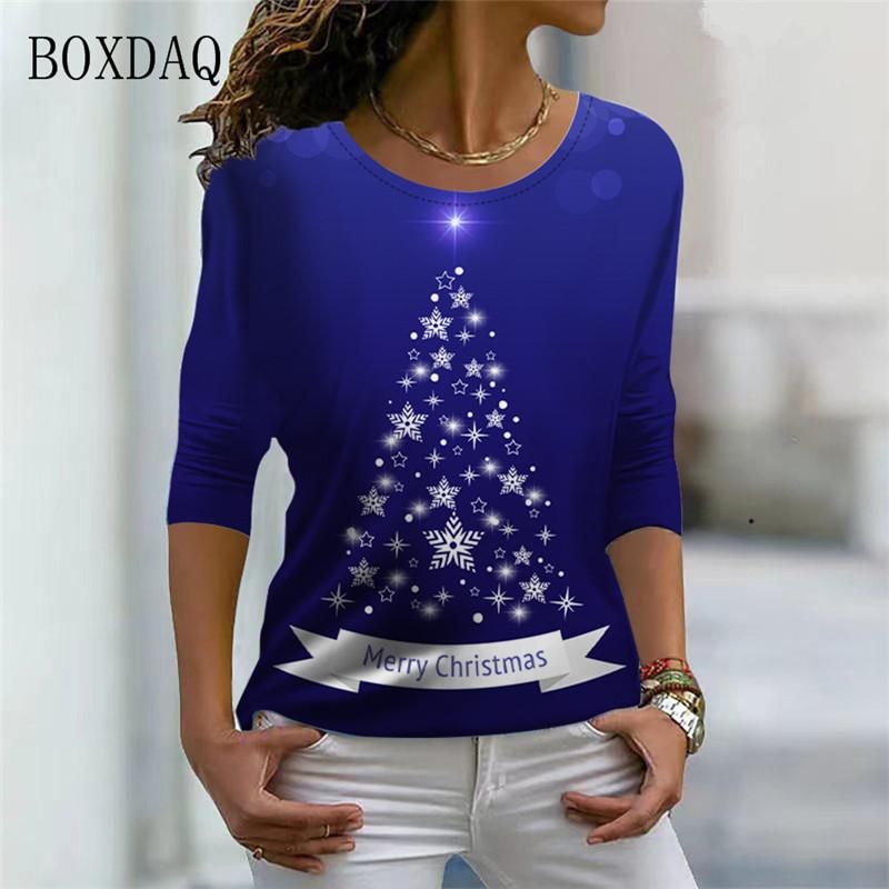 Christmas Tree Pattern Women 3d T-shirts Long Sleeve Christmas Style Street Fashion Ladies Tees Casual Cotton Tops Merry Year