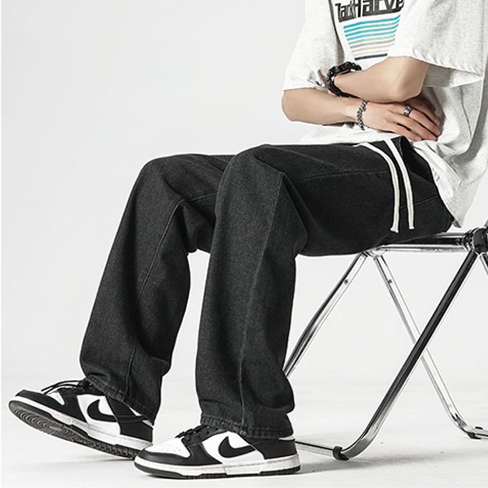 DOUBLE ART Men's Denim Pants, Plain Jeans, Baggy Pants with Drawstring, Easy Fit, Wide Leg Pants, Casual, Loose Fit, Sizes S-3XL (XCNZK02-Black-L)