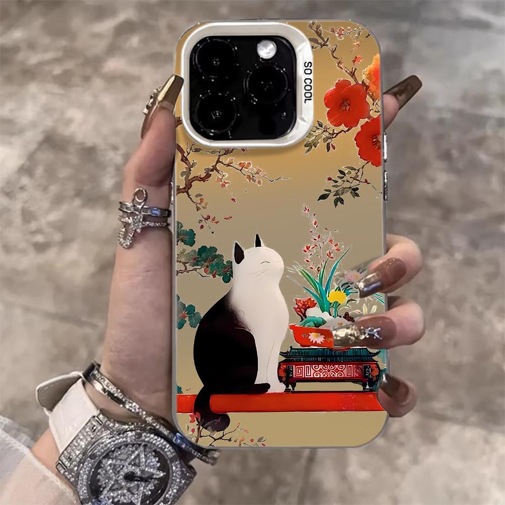 

Элегантный китайский сад Кот Чернильница Чехол для iPhone 17 Air 16 E 15 14 13 12 11 Pro Max 8 Plus X IMD Цветная Серебристая Рамка Камеры iPhone 11