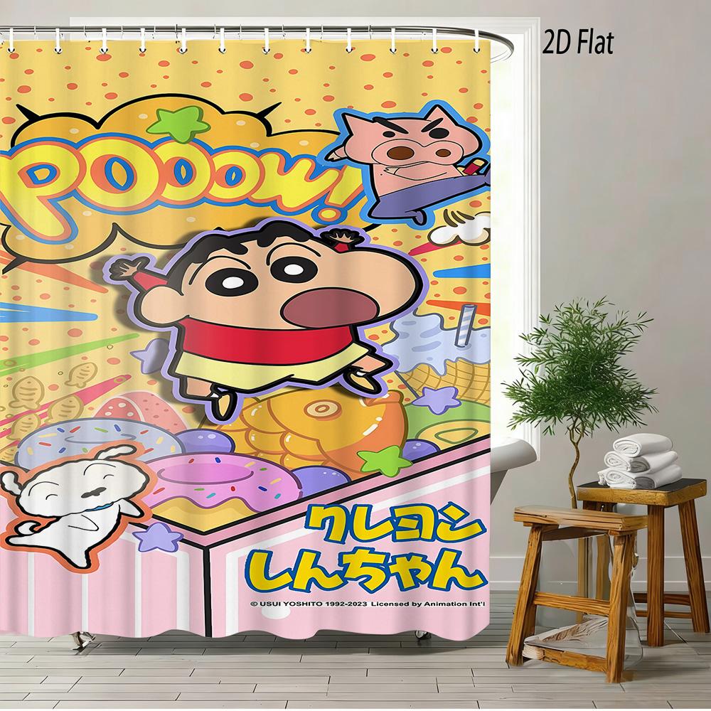 Crayon Shin-Chan & Shiro & Himawari Photo Collage Scene 2D Print Waterproof Shower Curtain, Warm Yellow Checkered With Star Acce