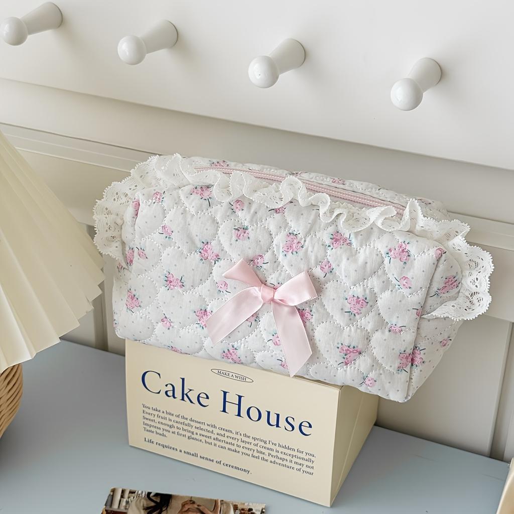 Sweet Floral Cosmetic Bag for Women - Pink Rose Design with Ruffled Edges & Ribbon Bow, Cute Makeup Bag, Playful Aesthetic