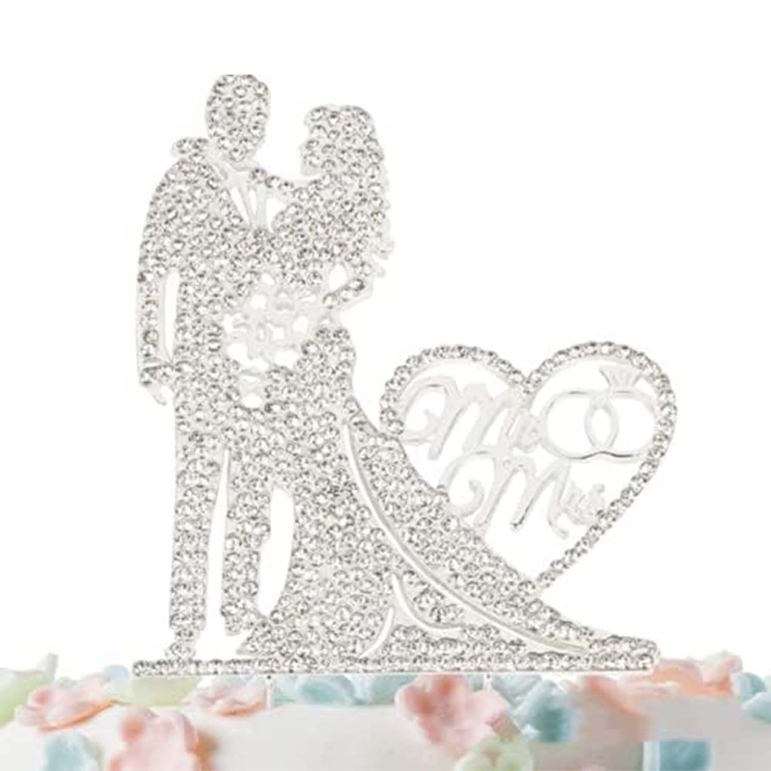 Silver Rhinestone Metal Love Wedding Cake Topper Mr and Mrs Cake Topper Anniversary Cake Topper Heart Cake Topper for Wedding