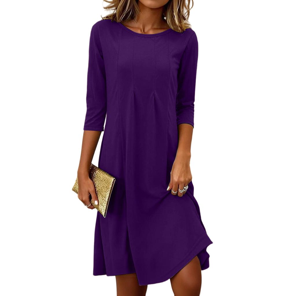 Women's Fashionable And Elegant Pleated Round Neck Three,quarter Sleeve Dress