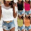 Womens Lace Neckline Smocked Crop Top With Floral Crochet Detail Casual Solid Color Sleeveless Blouse