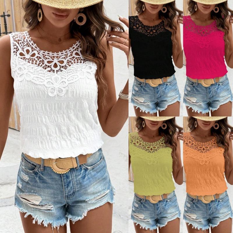 Womens Lace Neckline Smocked Crop Top With Floral Crochet Detail Casual Solid Color Sleeveless Blouse