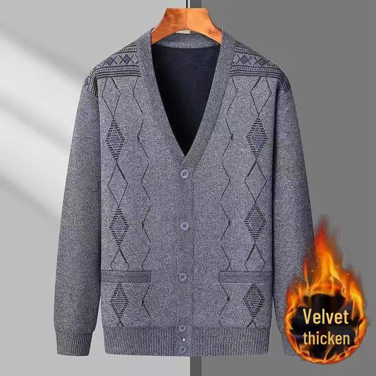 Men's V-Neck Thick Fleece Cardigan: Warm Knitwear for Dad and Grandpa