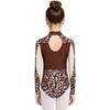 Kids Girls Dance Competition Bodysuit Printed Mesh Long Sleeve Leotard Jumpsuit with Press Button Crotch for Gymnastics Stage