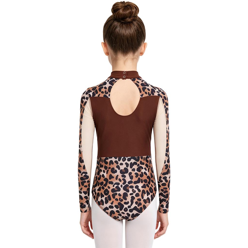 Kids Girls Dance Competition Bodysuit Printed Mesh Long Sleeve Leotard Jumpsuit with Press Button Crotch for Gymnastics Stage