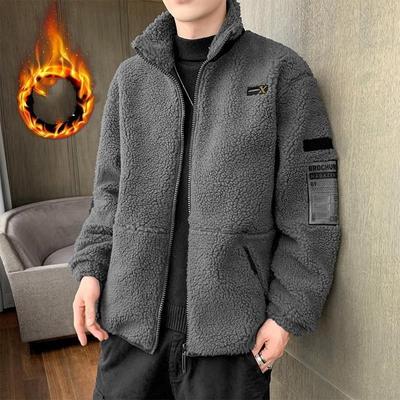Men's Autumn and Winter Short Stand Collar Lamb Fleece Jacket Top Outdoor Windproof Jacket Loose Plus Size Jacket