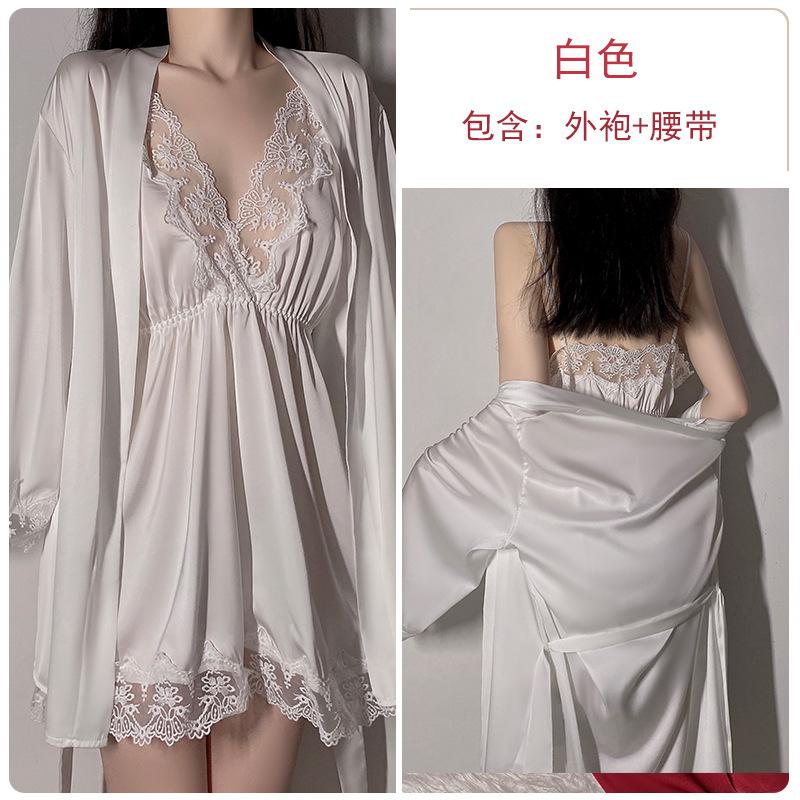 Bridal Morning Gown Sexy Satin Lace Suspender Nightdress Women's Long-sleeved Lace-up Nightgown Loungewear Set