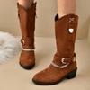 Women's Casual and Versatile Medium Boots New Fall Round Toe Chain Block Heel Solid Color Fashion Boots