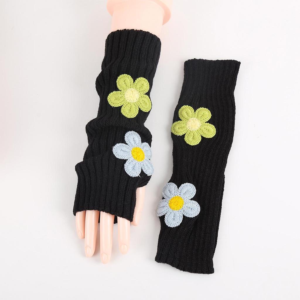 2024 College Style Ruched Fingerless Flower Gloves for Women – Autumn Winter Knitted Wool Warm Arm Sleeves