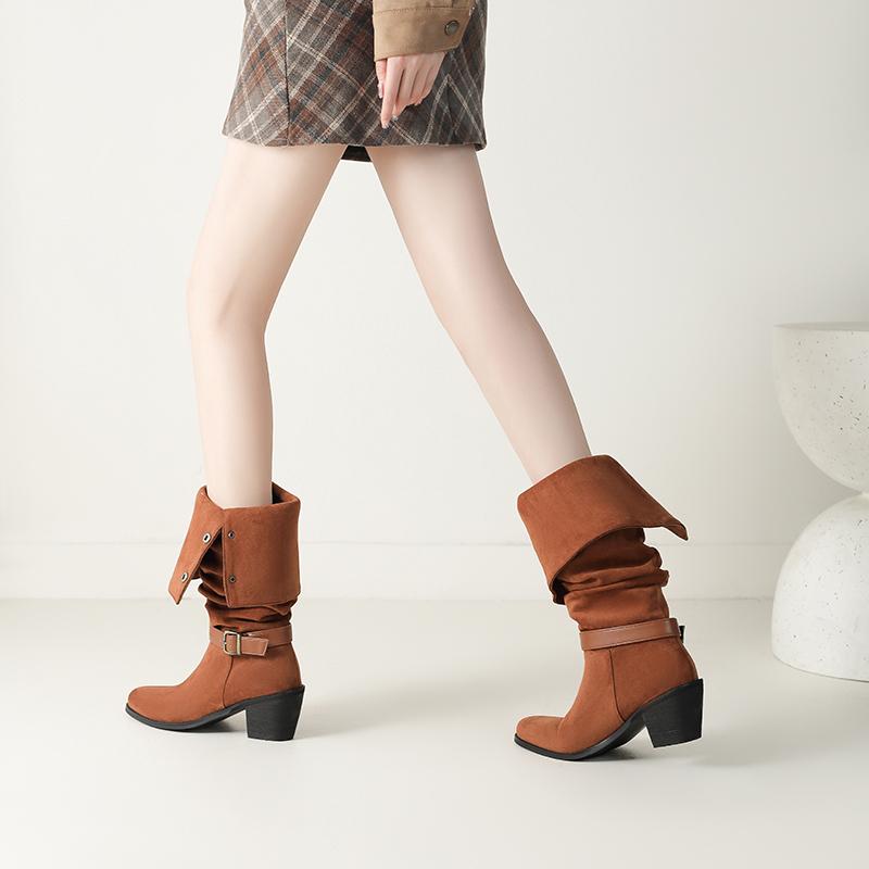 Women's high-heeled boots autumn and winter new thick-heeled suede mid-boots in size