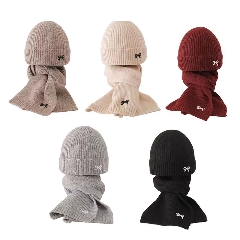 2Pcs Set Korean Children's Hats And Scarves Winter 1-8Y Kids Stylish Bowknot Boy Girl Toddler Windproof Knitted Woolen Cap Scarf