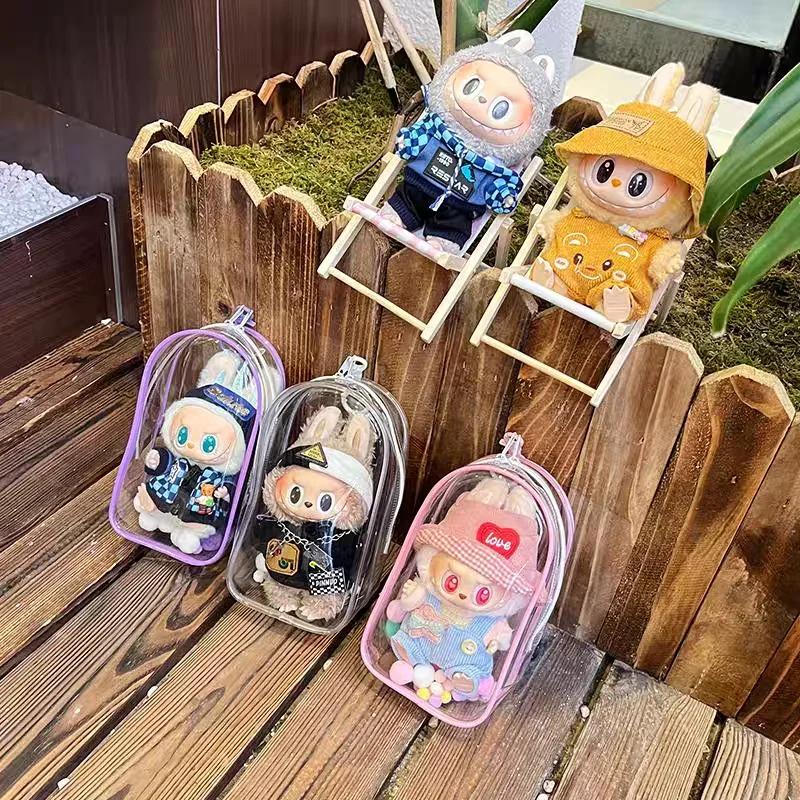 Colorful Transparent Protector Case Organizer Box for 17cm Labubu Plush Dolls Outdoor Display Bag With Keychain Doll Accessories