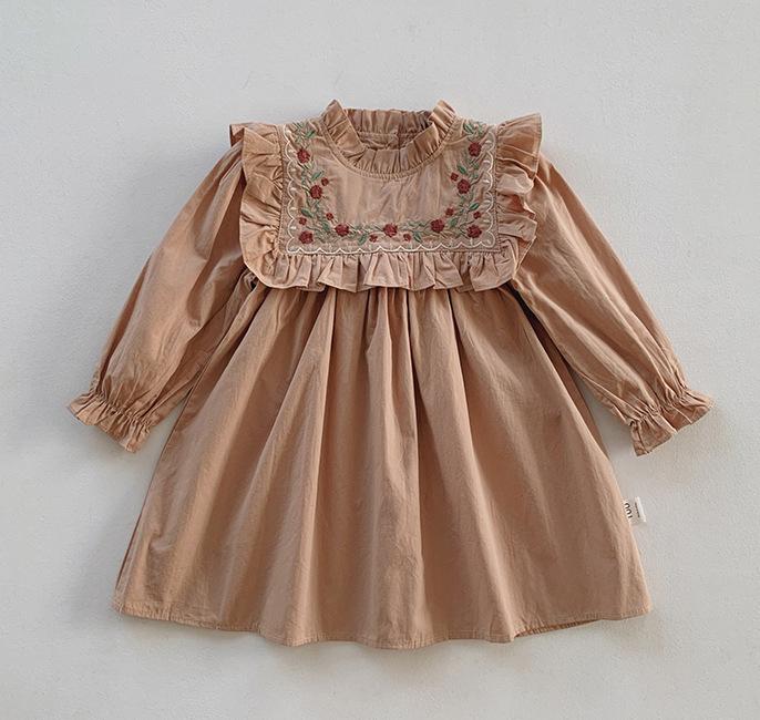 Girls Autumn Embroidered Floral Dress Stand Collar Long Sleeve Ruffle Hem Princess Party Dress For Kids 90cm хаки