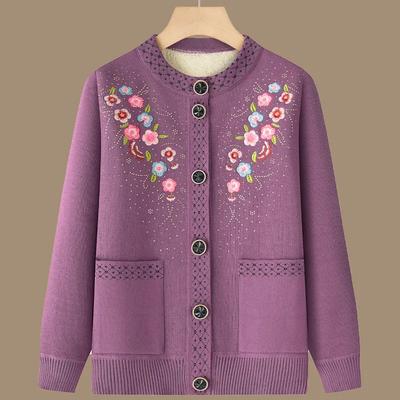Women Autumn and Winter Fleece Velvet Cardigan Jacket Middle-Aged Elderly Mother Knitted Sweater Top