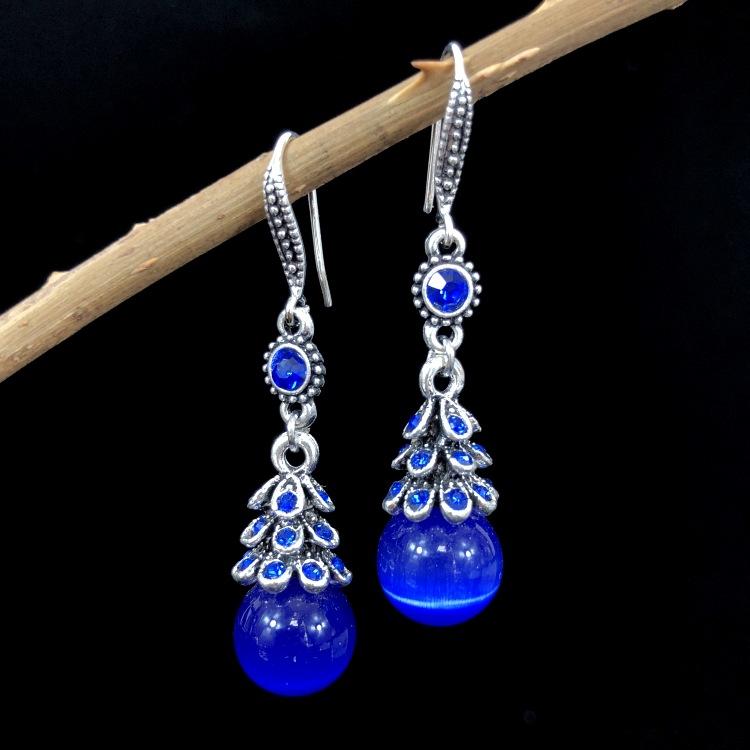 Ethnic style retro fashion agate earrings women's simple temperament opal diamond earrings versatile long ear jewelry