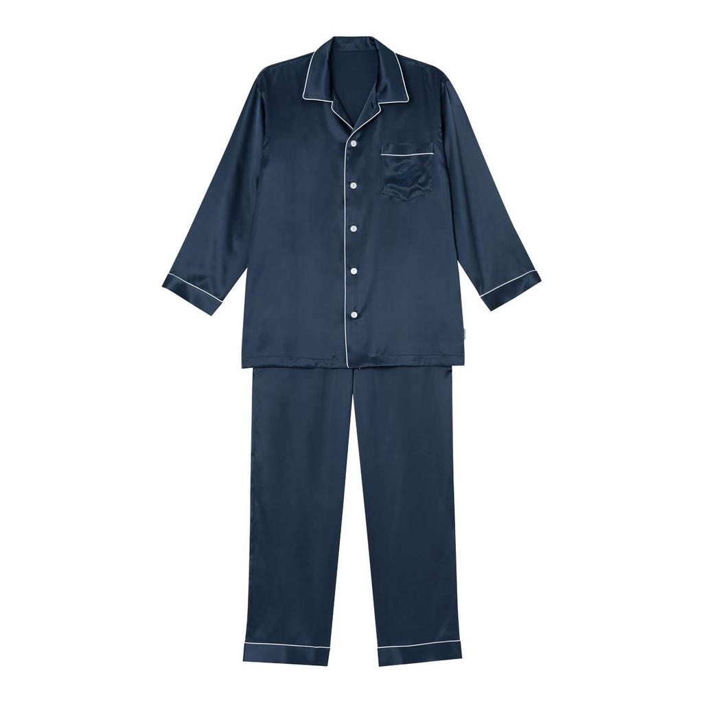 Wacoal Silk Satin Shirt Silk Men's Pajamas, 100% (Navy, Large)