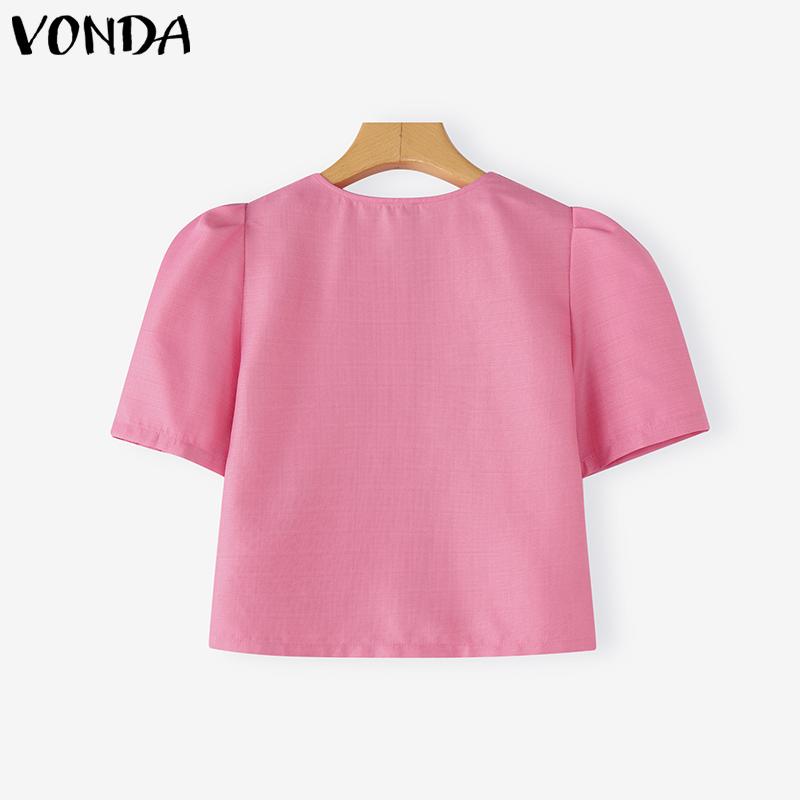 VONDA Summer Women Girls Short Sleeve Front Bow Knot Casual Cropped Elegant Blouse