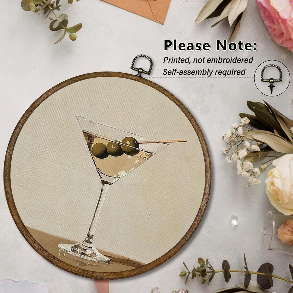 Qskjre Trendy Martini Wall Art Bar Cart Decor, Funky Cocktail Aesthetic Round Wood Framed Canvas Wall Artwork, Vintage Olive Martini Hanging Prints