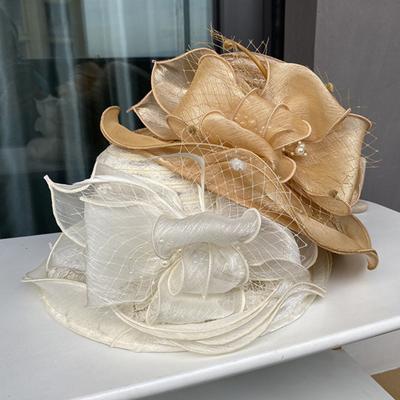 Damski kapelusz rybaka Organza koronkowa kokarda sztuczna perła pióro wystrój Vintage styl królewski płasko zakończony anty-UV ochrona przed słońcem bal imprezowy formalna okazja czapka
