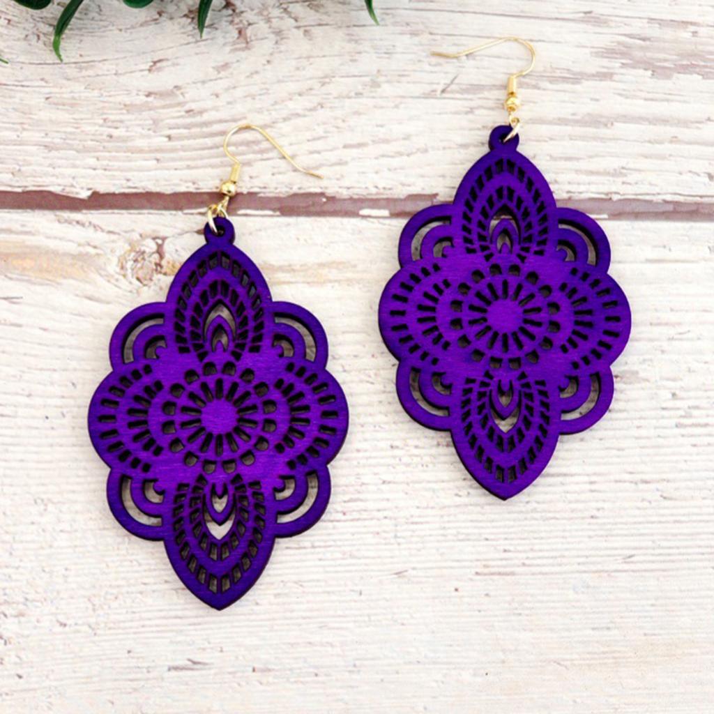 New Vintage Ethnic Style Long Wooden Earrings with Carved Patterns