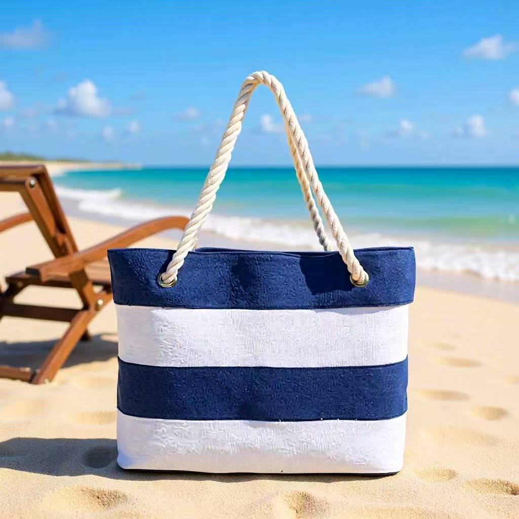 Borsa a Spalla in Corda di Canapa e Tela Super Minimalista Versatile - Ecologica, Design a Strisce da Spiaggia Patchwork