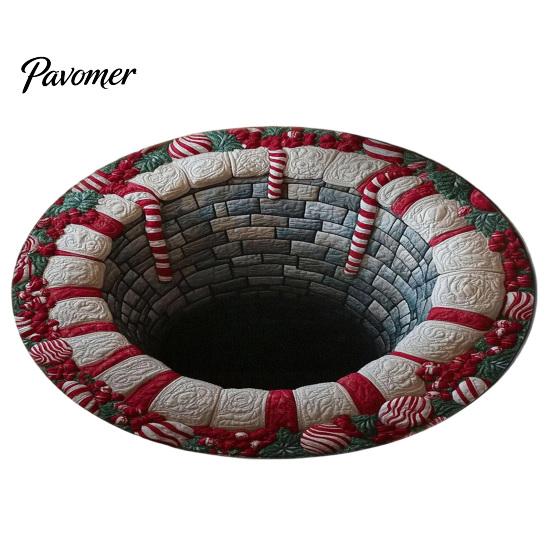 Round Christmas Area Rug Rug, 3D Optical Illusion Floor Mat with Santa Candy Cane Print, Non-Slip Stain Resistant Carpet for Living Room Bedroom