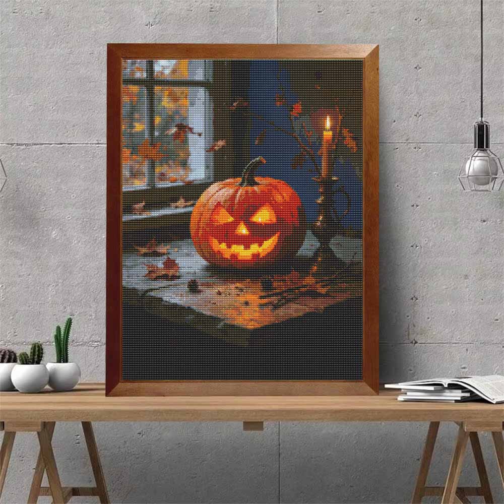 DIY Full Drill Diamond Painting Kit Halloween Pumpkin Candle Design Rhinestone Canvas Art Relaxing Handmade Gift for Adults