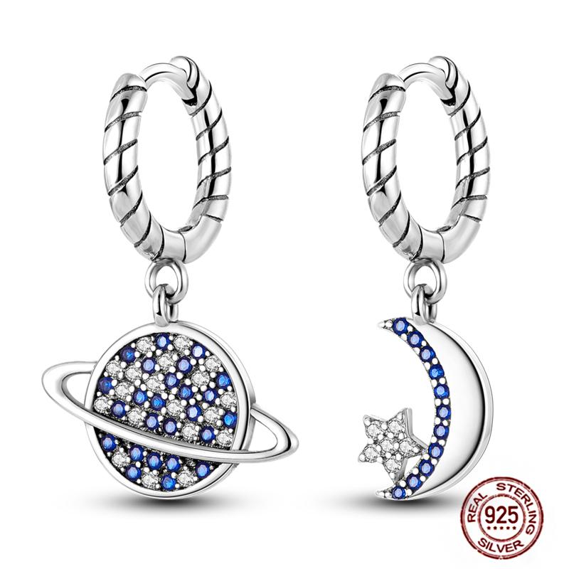 Sparkling Women Hoop Earrings 925 copper Heart Shape Star Moon Round Blue Zircon Fit Origina Drop Earrings Zircon Holiday gifts