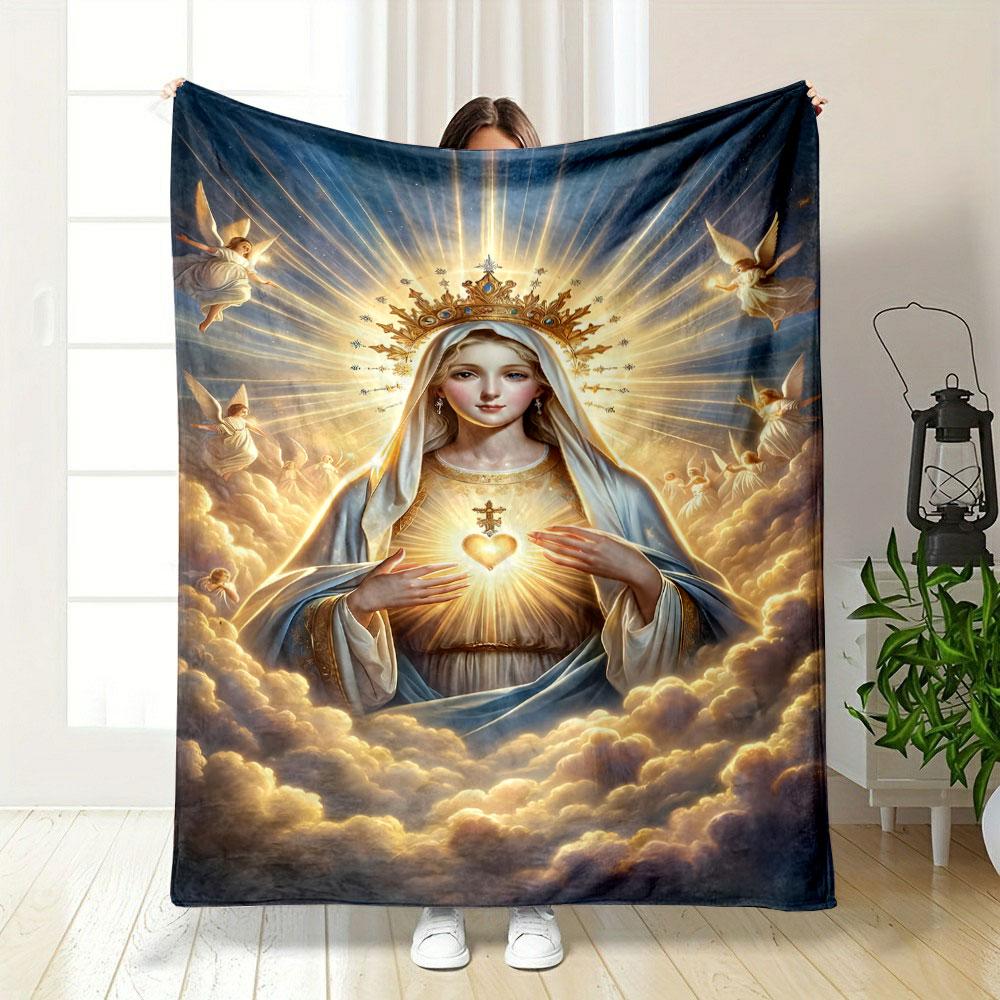 Holy Virgin Mary Sacred Heart Clouds Blanket Printed Blanket for Living Room Bed Couch Lunch Break Soft Cozy Blanket for Friend's Festival Gift