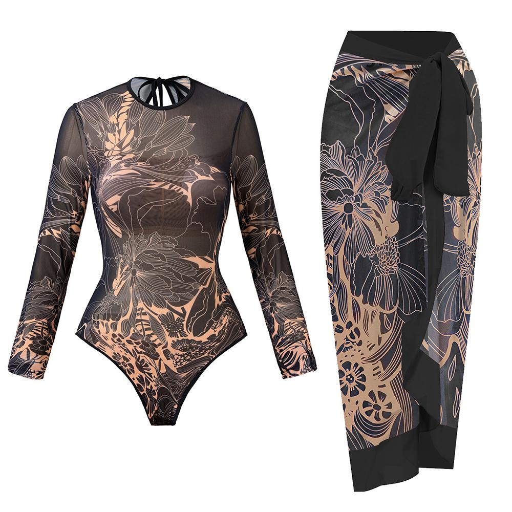 2025 Long Sleeve Sheer Sun Protection One-Piece Set Swimsuit Women Sexy Rash Guard Swimwear Bodysuit Beachwear With Coverup