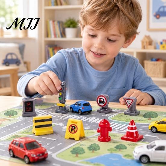 Miniature Building Accessories 8Pcs Mini Traffic Sign Figurines, Simulation Street Barrier Ornaments, Tiny DIY Scene Construction Kits Light,
