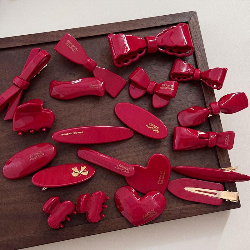 Festive Wine Red Bow Duckbill Hair Clip - Sweet Retro Style