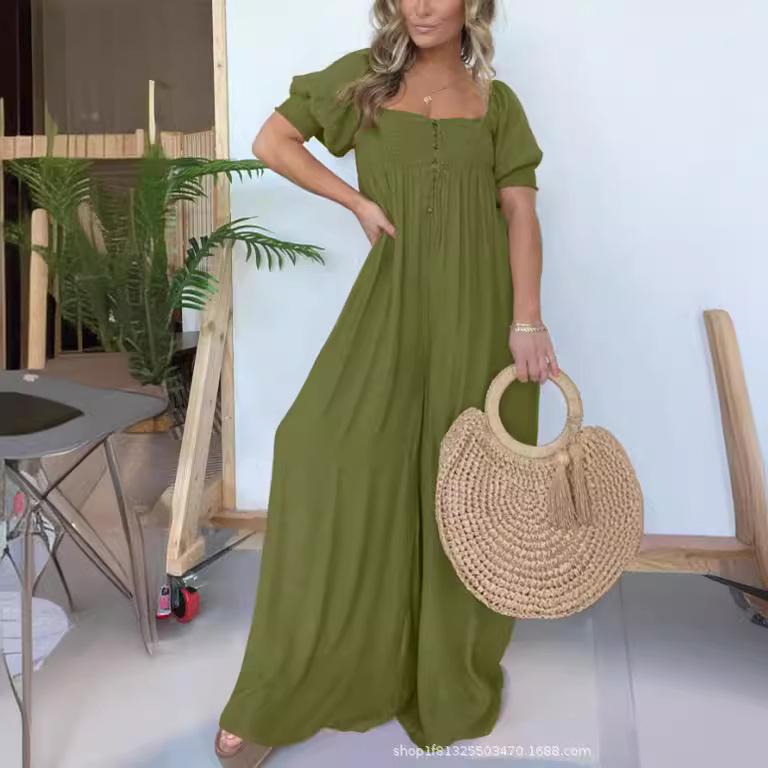

Women s Square Neck Short Sleeve Flowy Maxi Dress, Casual Elegant Wide Leg Long Dress, Green Blue Pink Solid Color Summer Dress S помаранчевий