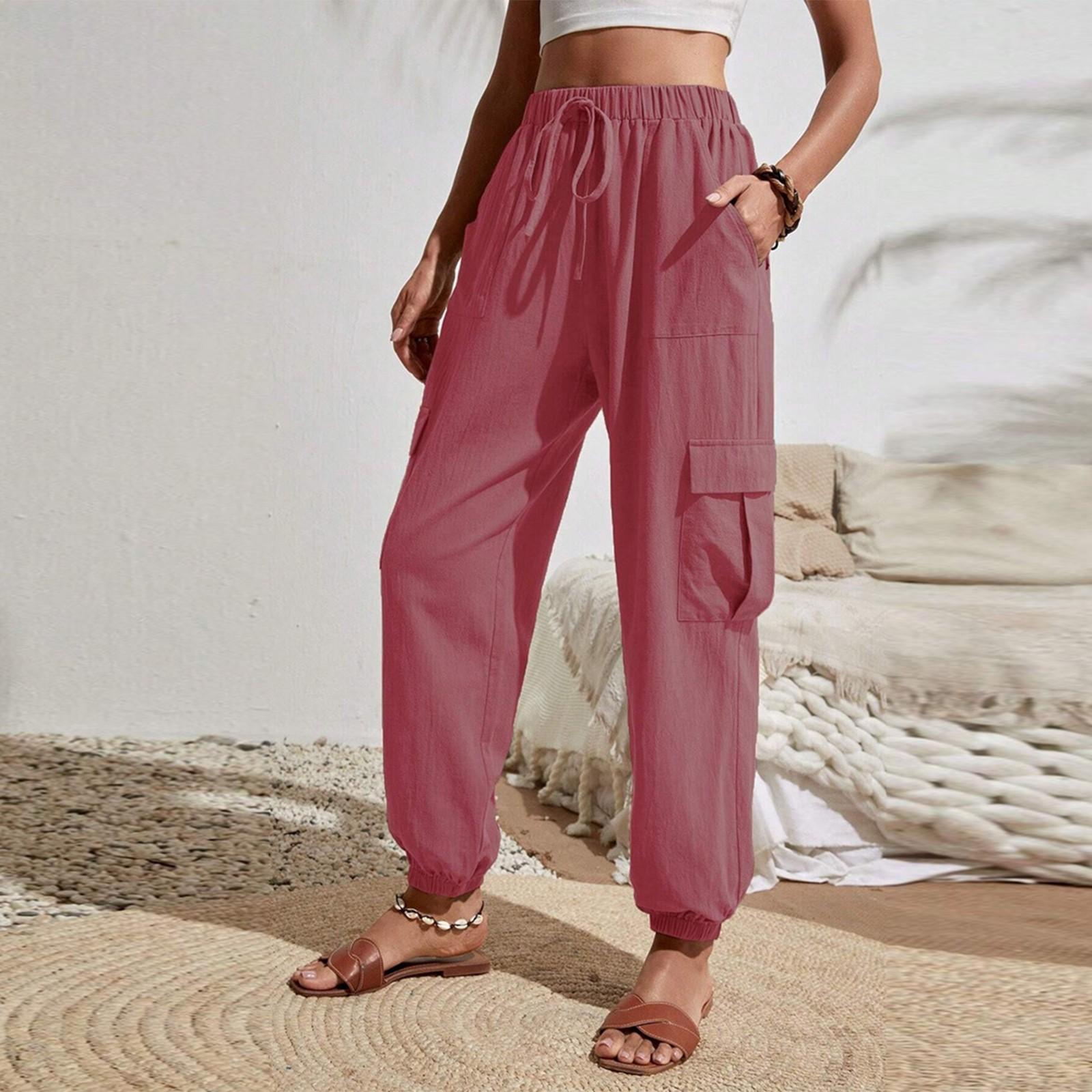

Женские модные однотонные брюки с эластичной талией и карманами, универсальные повседневные рабочие брюки M розовый