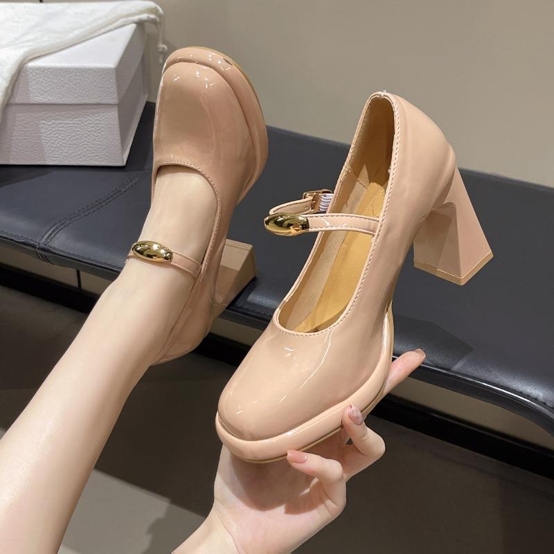 

Элегантные Модные Женские Туфли на Высоком Каблуке Нового Стиля 2025 с Круглым Носком и Подошвой Блочного Типа Полиуретановая Обувь 35 телесный