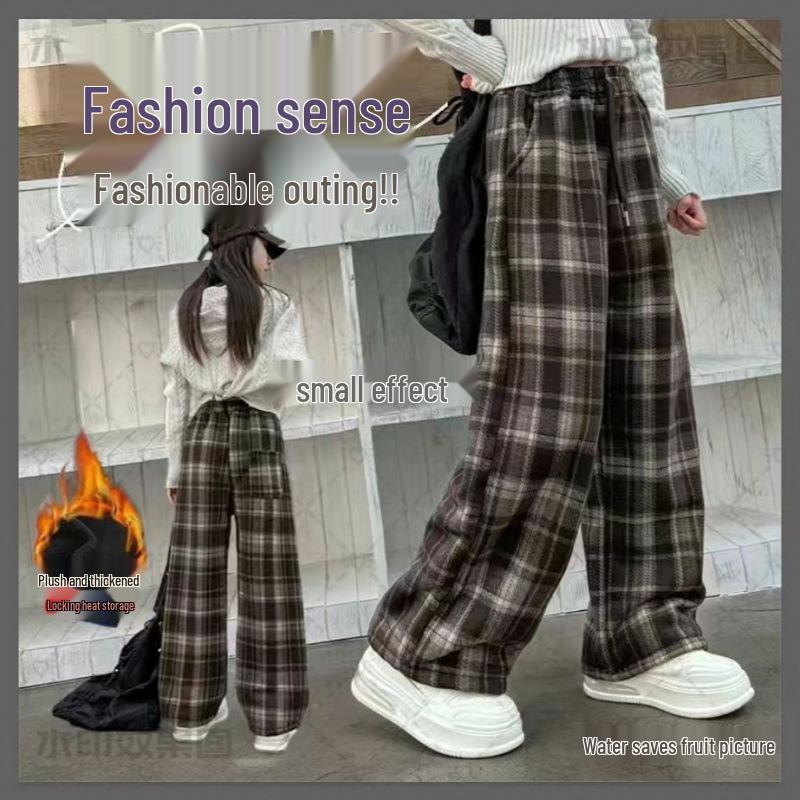 2025 Autumn/Winter Girls' Fashion Plaid Wide-Leg Barrel Pants - Stylish Casual Trousers for Kids