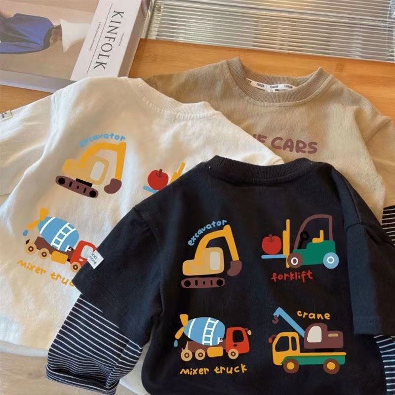 Boys Cotton Long Sleeve T Shirt with Excavator Car Print Mock Layered Base Top