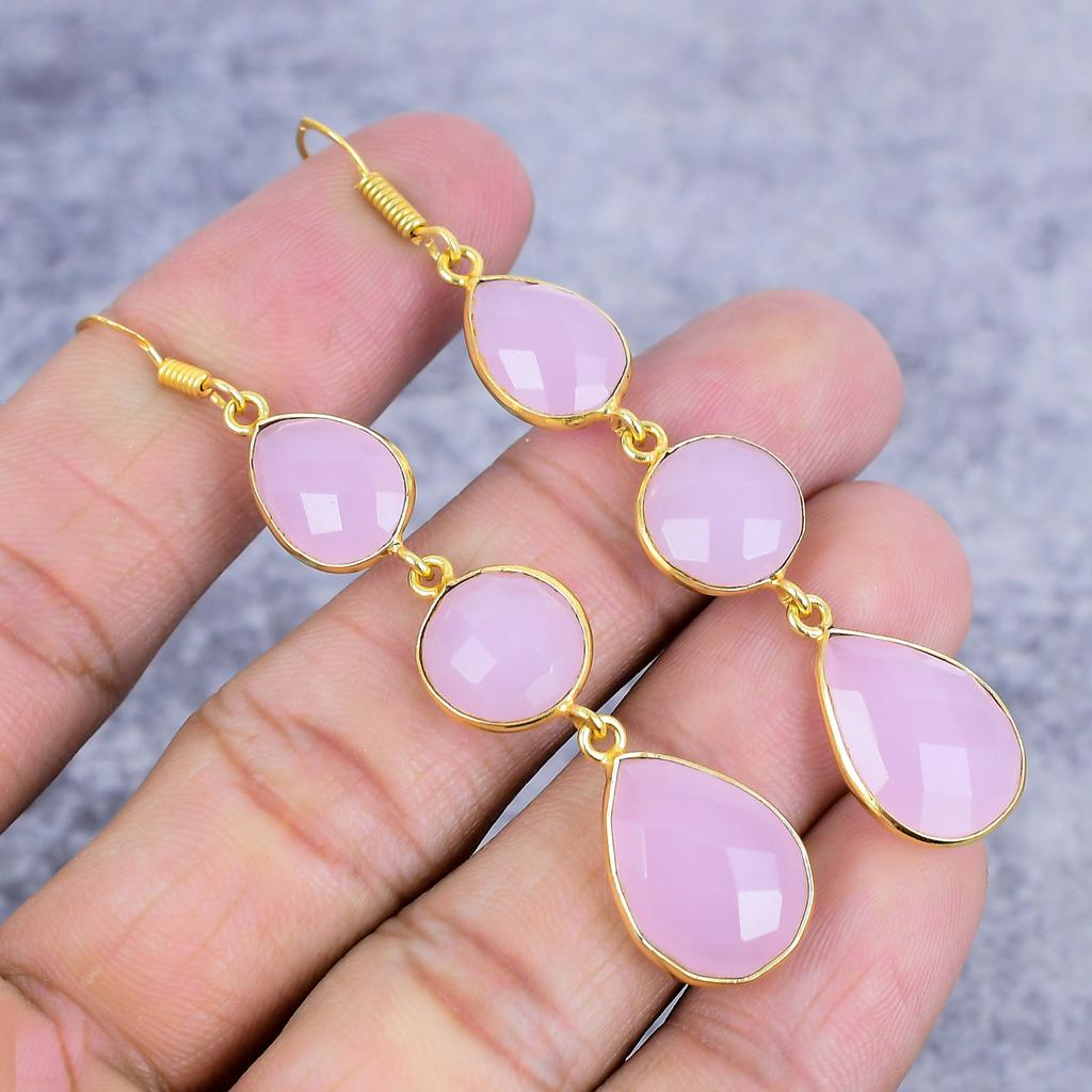 Pink Chalcedony Gemstone Handmade 925 Sterling Silver Jewelry Earring 2.96" M-2657