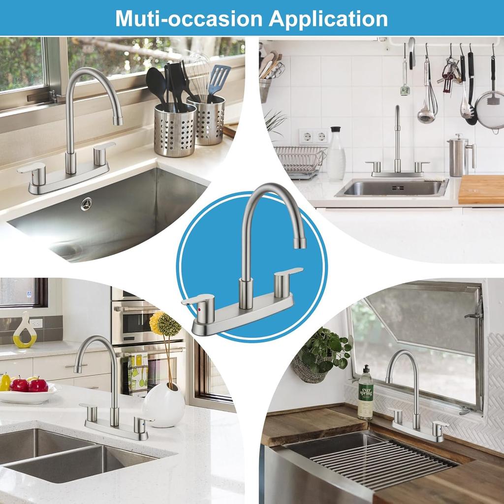 8 Inch Centerset Kitchen Faucet for Sink 3 Hole Dual Handle Kitchen Sink Faucets High Arc 360 Degree Rotating Spout with Supply Lines, Brushed