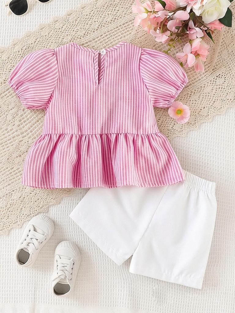 Baby Girl Clothing Set Summer Outfit Pink Stripe Top with Bow & Shorts Newborn Toddler 0-3Y