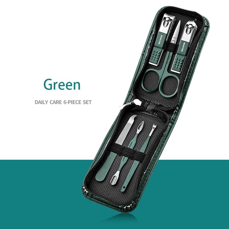 Green 9 Pcs Manicure Set With Leather Case Professional Foot And Face Care Tool Kits Stainless Steel Nail Clipper Sets Gift uñas